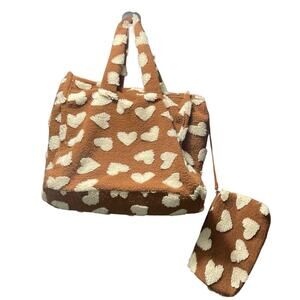ANTHROPOLOGIE Faux Fur Tote Bag Set 2 Brown Hearts Shearling Sherpa Boho Cozy
